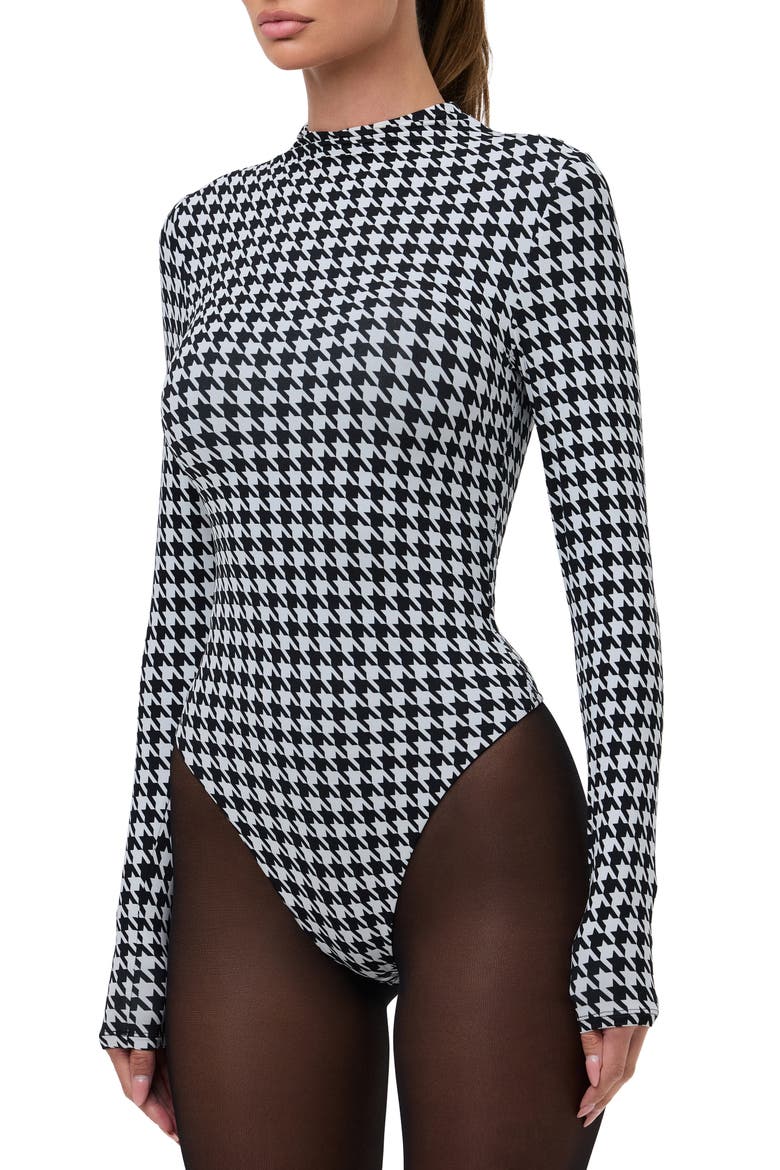 Naked Snakeskin Print Long Sleeve Bodysuit, Alternate, color, HOUNDSTOOTH BLACK/ WHITE
