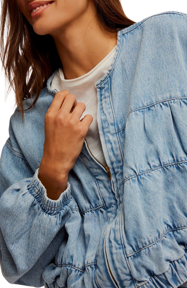 Free People Layla Smocked Crop Denim Jacket, Alternate, color, Sunbeam