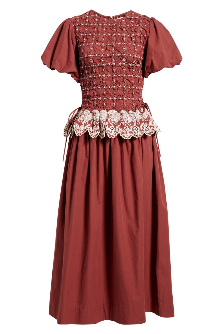 Audrey Smocked Puff Sleeve Organic Cotton Midi Dress, Alternate, color, RED
