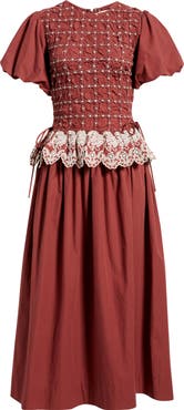 Damson Madder Audrey Smocked Puff Sleeve Organic Cotton Midi Dress