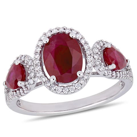 Ruby & Diamond 3-Stone Halo Ring 14k