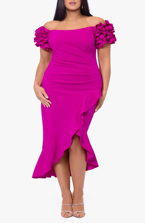 Xscape Evenings Pleated Ruffle Off The Shoulder Midi Dress In New Fuchsia