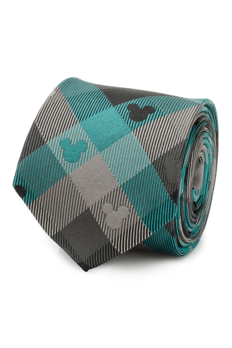 x Disney Mickey Silhouette Plaid Silk Tie, Alternate, color, TEAL