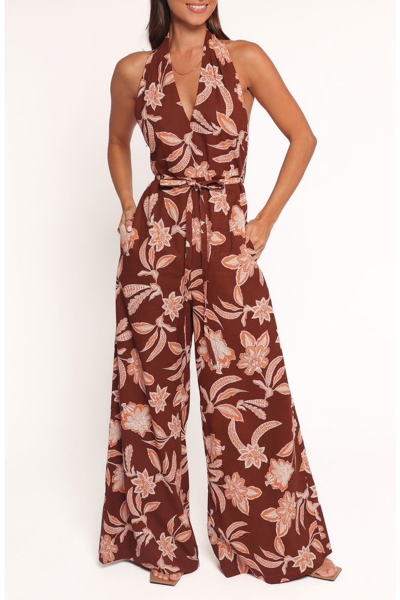 Kehlani Floral Halter Neck Wide Leg Cotton Blend Jumpsuit, Main, color, ORANGE FLORAL