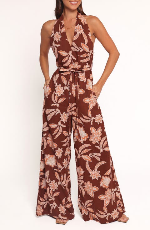 Kehlani Floral Halter Neck Wide Leg Cotton Blend Jumpsuit
