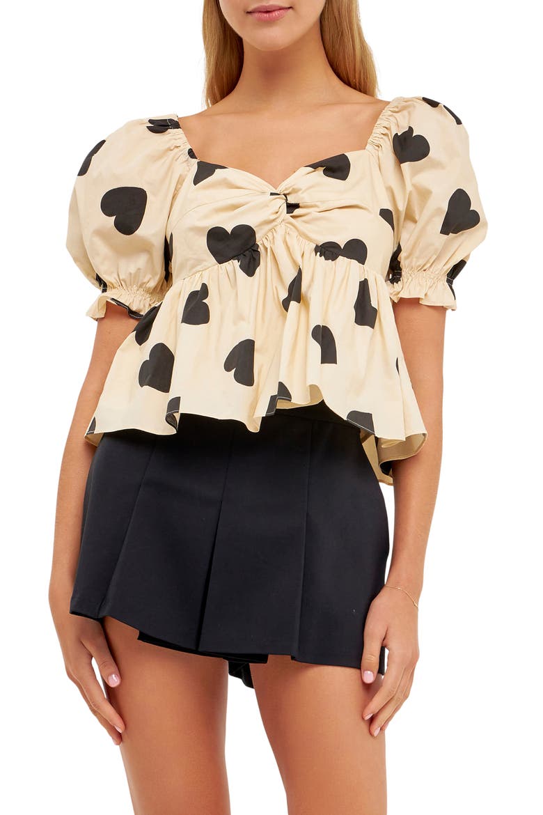 Heart Shape Puff Sleeve Top, Main, color, BEIGE/ BLACK