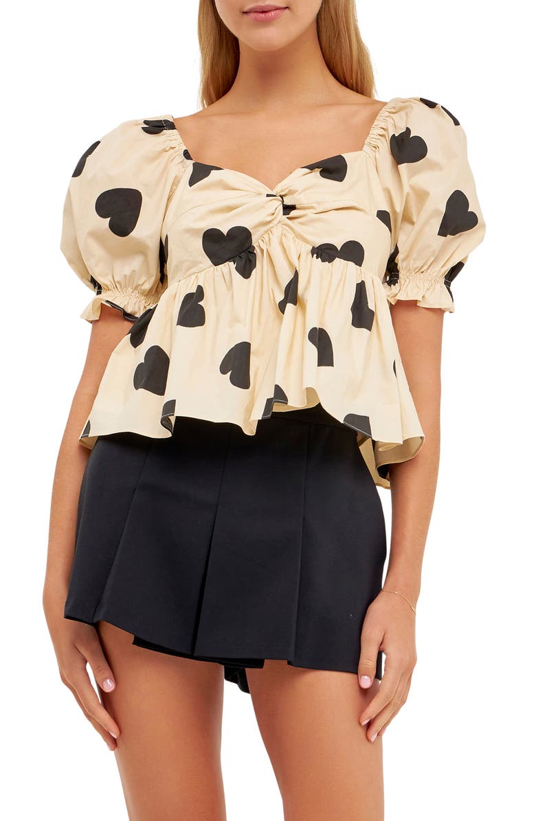 English Factory Heart Shape Puff Sleeve Top, Main, color, Beige/ Black