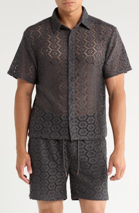 Open Stitch Short Sleeve Button-Up Shirt