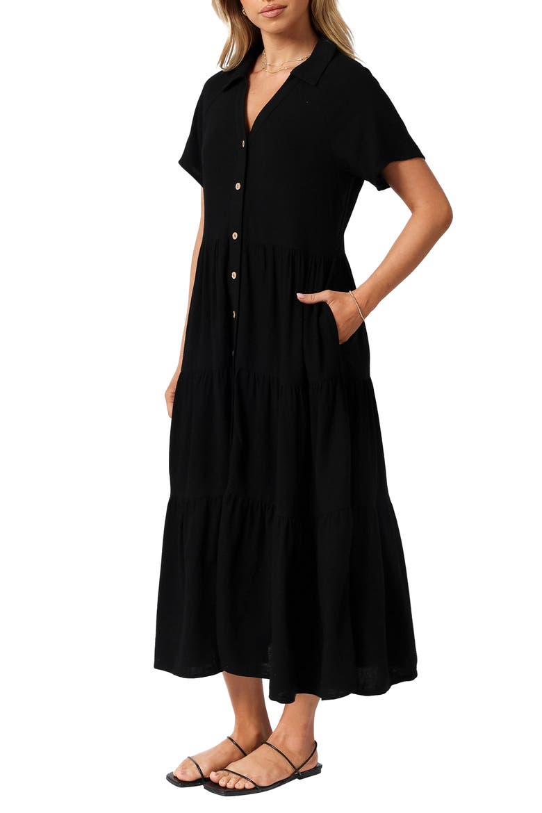 Natalya Linen Midi Shirtdress, Main, color, BLACK
