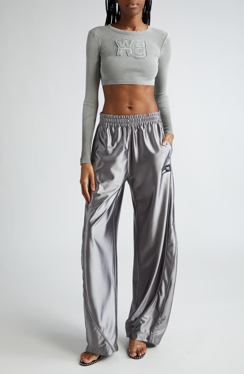 Alexander Wang Distressed Logo Long Sleeve Crop Rib T-Shirt, Alternate, color, 