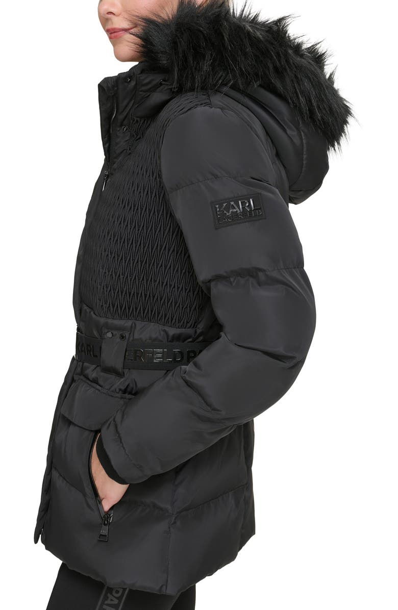 KARL LAGERFELD Smocked Belted Ski Puffer Jacket with Faux Fur Hood, Alternate, color, Black
