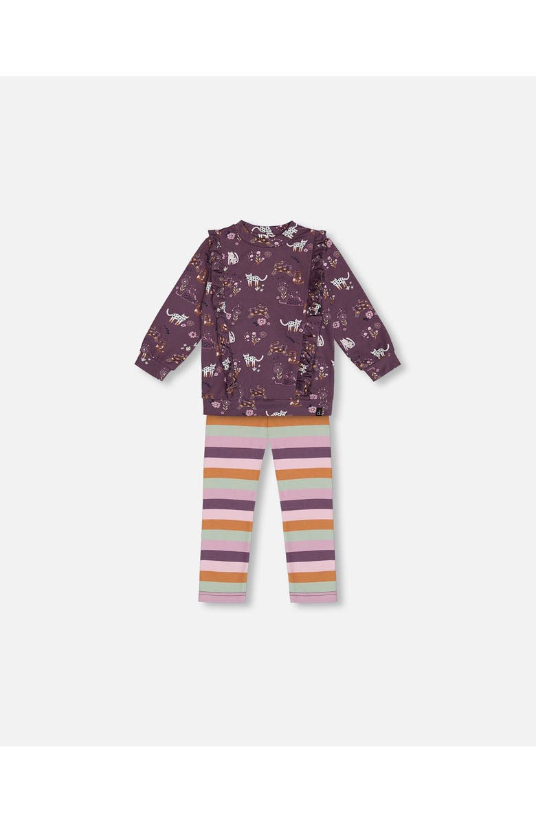 Deux par Deux Little Girl's Tunic Mauve Printed Cats And Striped Leggings Set, Main, color, 