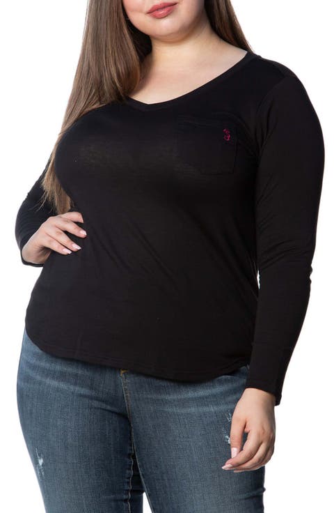 V-Neck Long Sleeve Pocket T-Shirt (Plus Size)