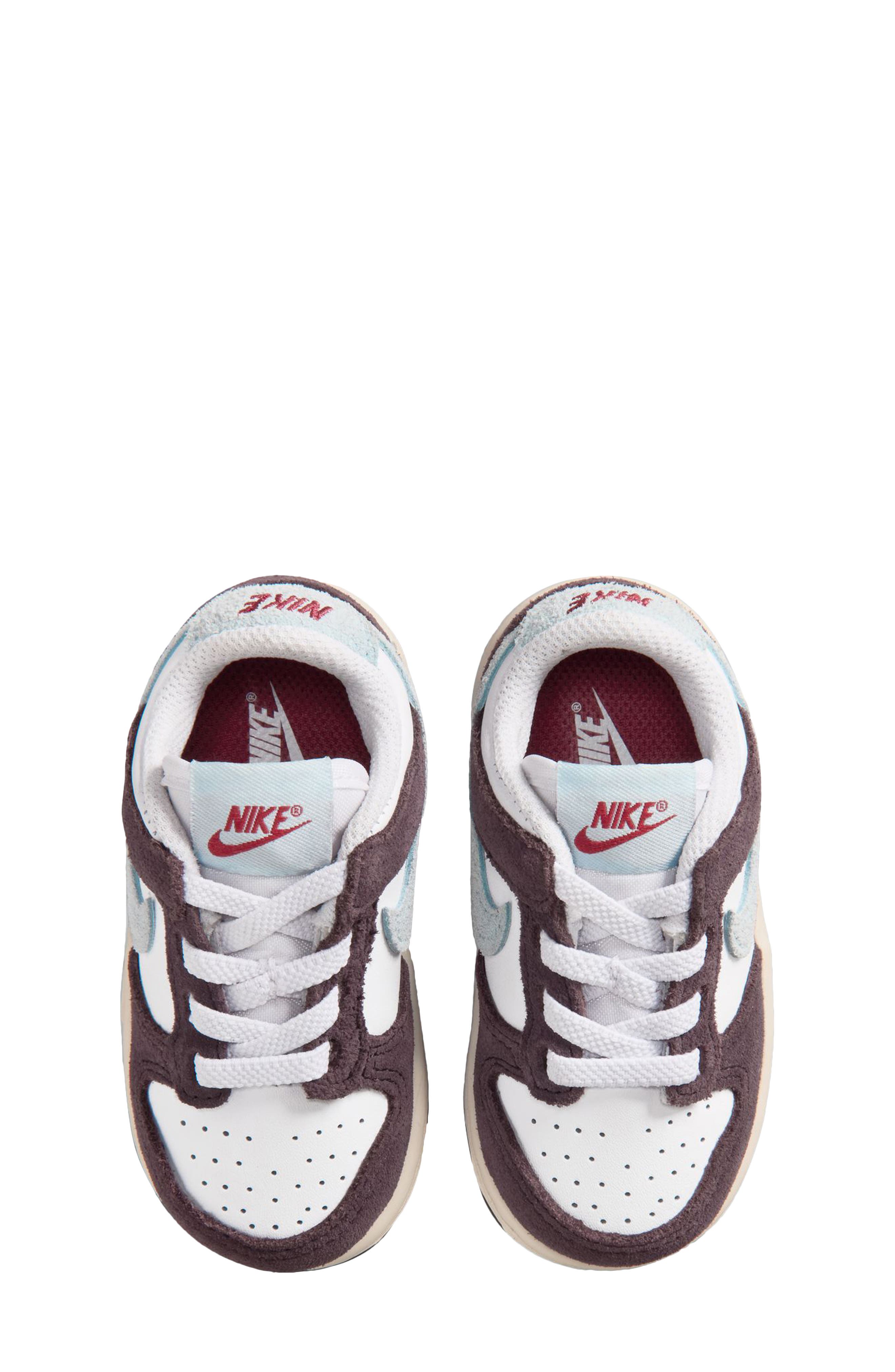 Kids' Dunk Low Basketball Sneaker, Alternate, color, WHITE/ BURGUNDY/ GLACIER BLUE