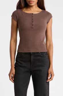 Ribbed Button Detail Boat Neck Top