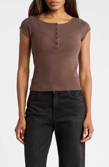 Ribbed Button Detail Boat Neck Top