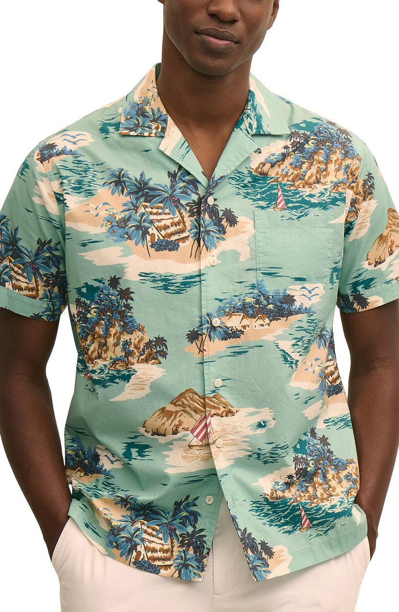Brooks Brothers Island Print Camp Shirt, Main, color, Blue Tan