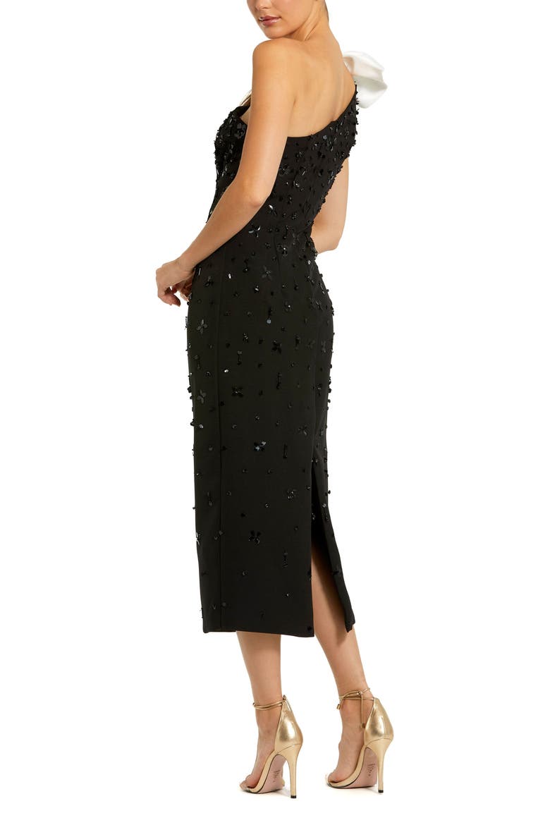 Beaded Crepe One Shoulder Midi Dress With Bow, Alternate, color, Black White