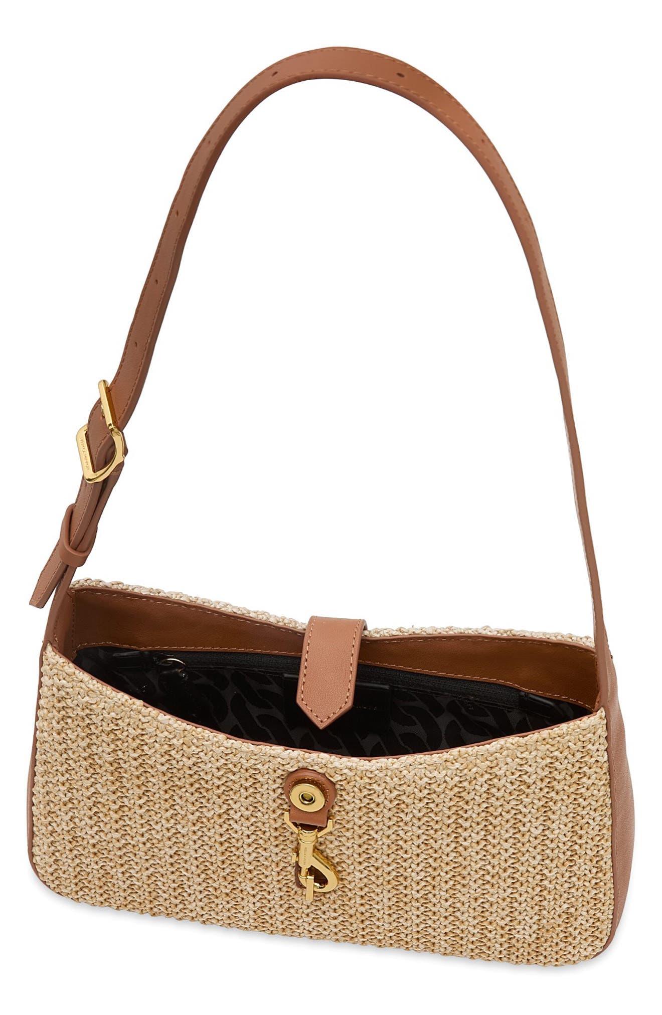 Rebecca Minkoff Small Megan Woven Straw & Leather Shoulder Bag, Alternate, color, Natural/ Caramello