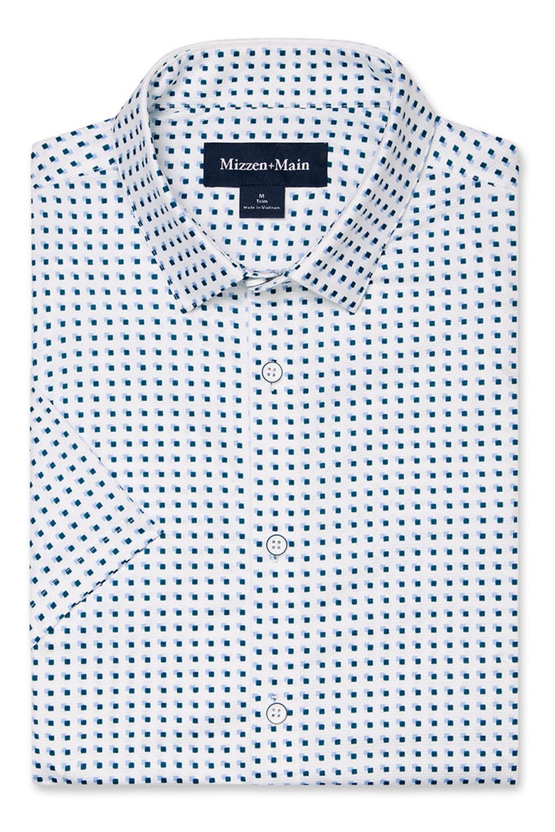 Halyard Trim Fit Square Print Short Sleeve Performance Button-Up Shirt, Alternate, color, DARK TEAL CORNERSTONE TRIM