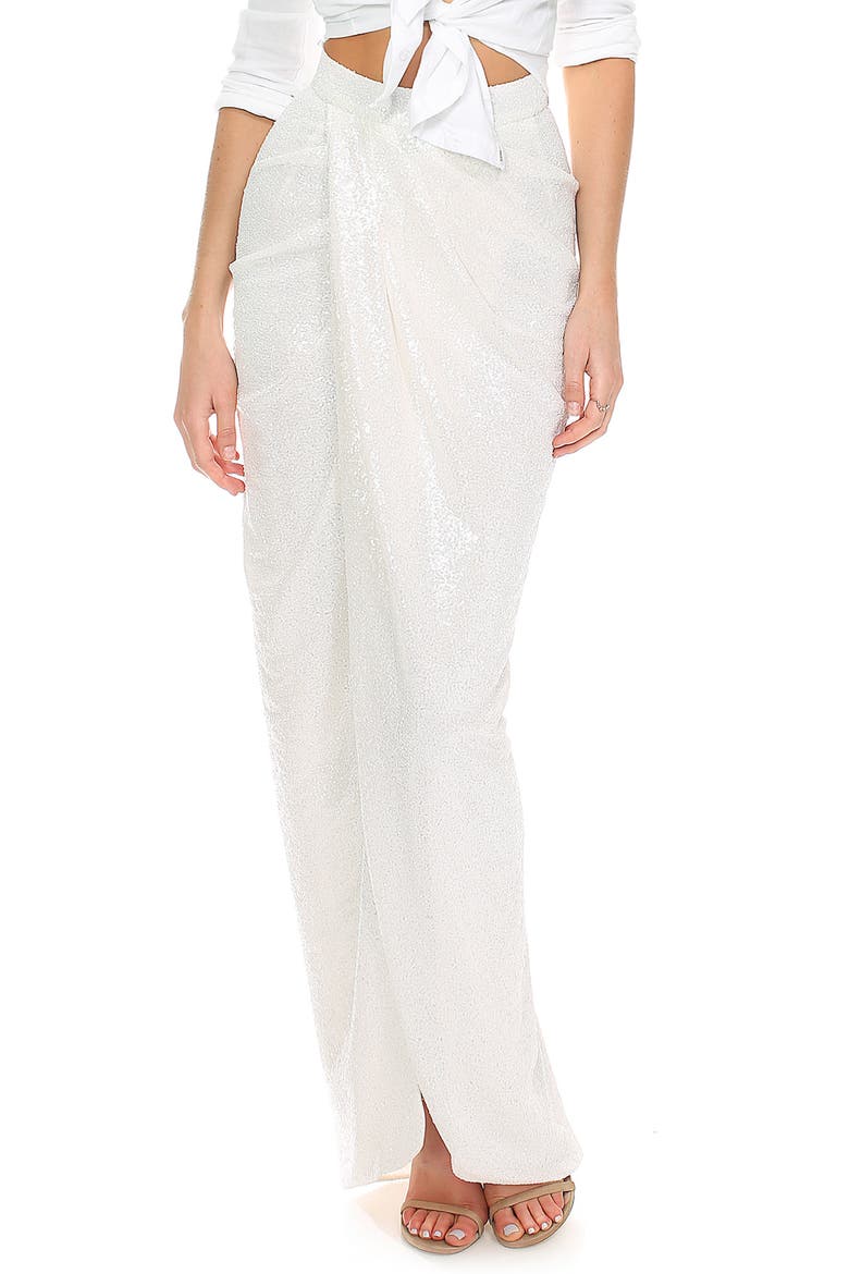 Wanna Party Micro Sequin Faux Wrap Skirt, Main, color, IVORY