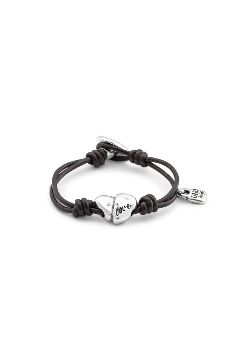 Leather Bracelet with Sterling Silver-Plated Heart, Main, color, Brown