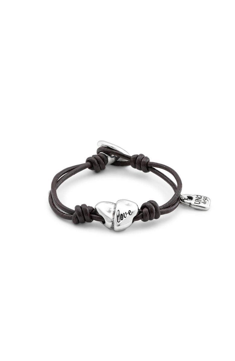 UNODE50 Leather bracelet with sterling silver-plated heart, Main, color, Brown