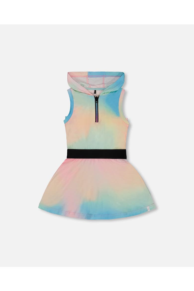 Little Girl's Hooded Dress With Elastic Waist Multicolored Tie Dye, Main, color, Multicolored Tie Dye