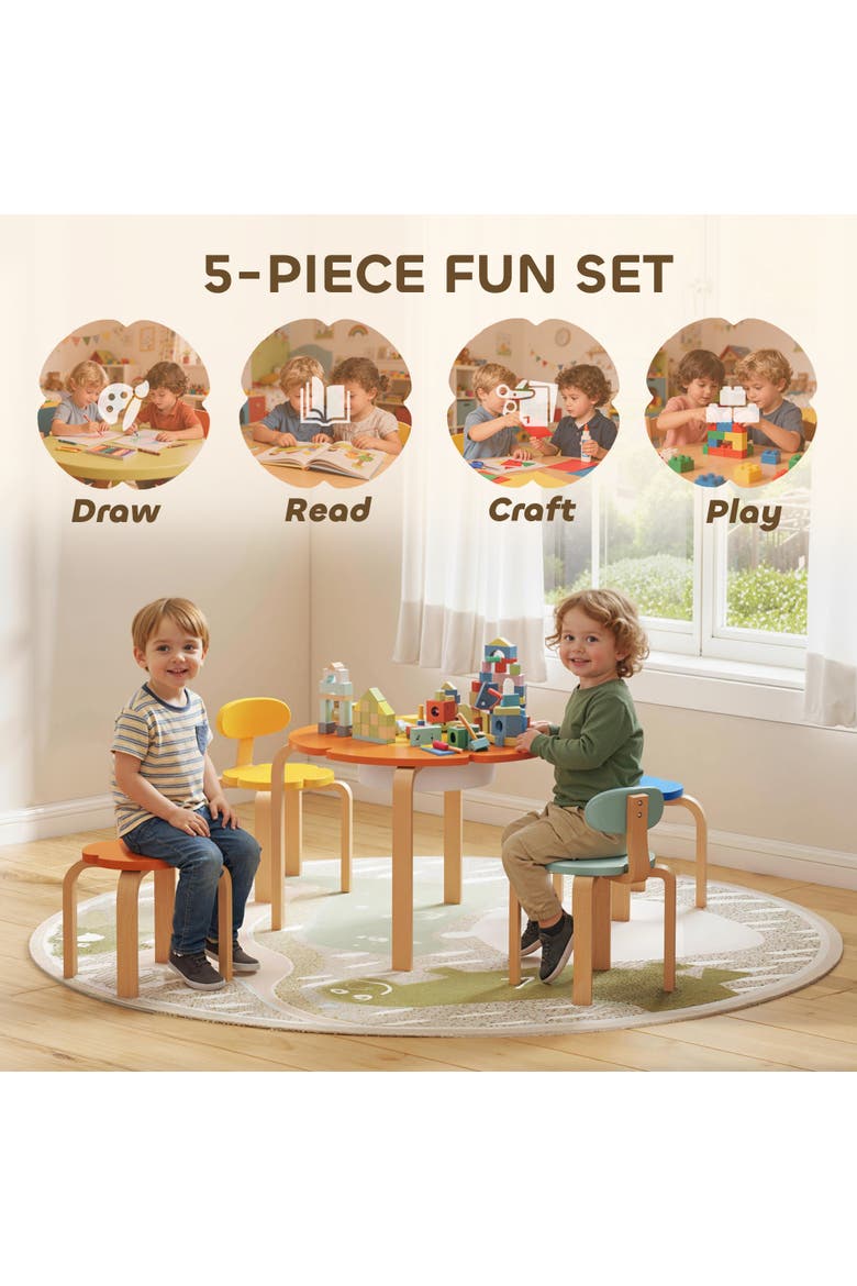 Piece Kids Table and Chairs Set Flower Shaped Toddler Table and Chair Set with Built in Storage for Drawing Reading Art Craft Activity, Alternate, color, multi-coloured