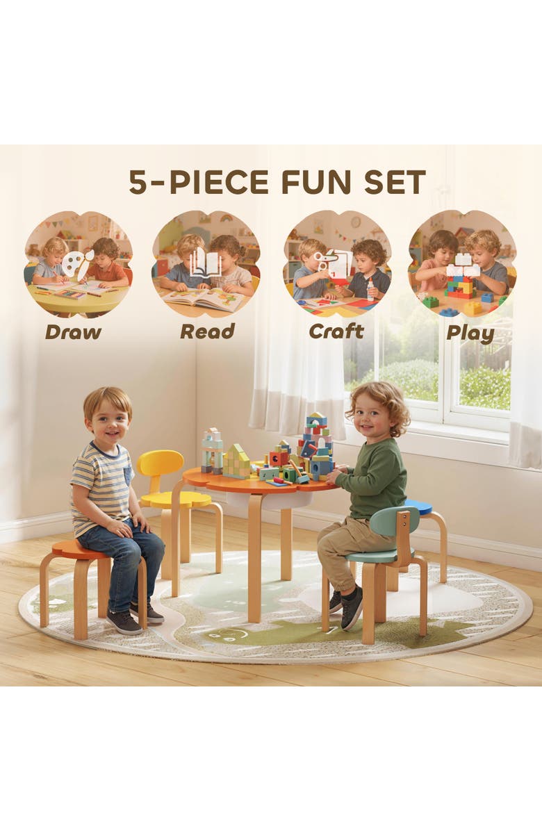Qaba Piece Kids Table and Chairs Set Flower Shaped Toddler Table and Chair Set with Built in Storage for Drawing Reading Art Craft Activity, Alternate, color, Multi-Coloured