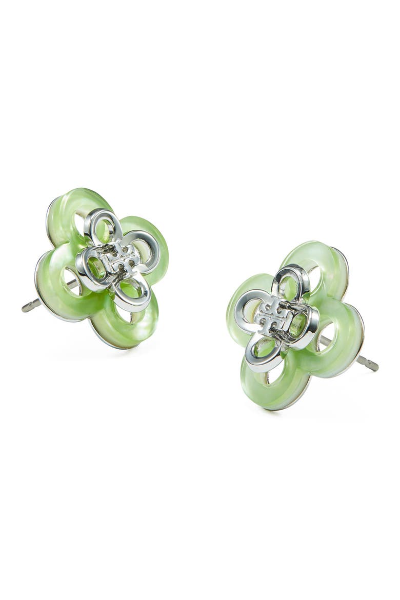 Kira Clover Stacked Stud Earrings, Alternate, color, TORY SILVER / MINT