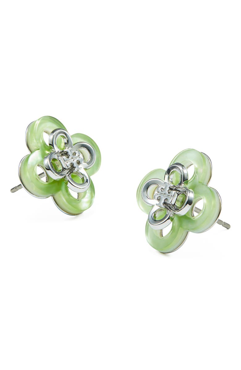 Tory Burch Kira Clover Stacked Stud Earrings, Alternate, color, Tory Silver / Mint