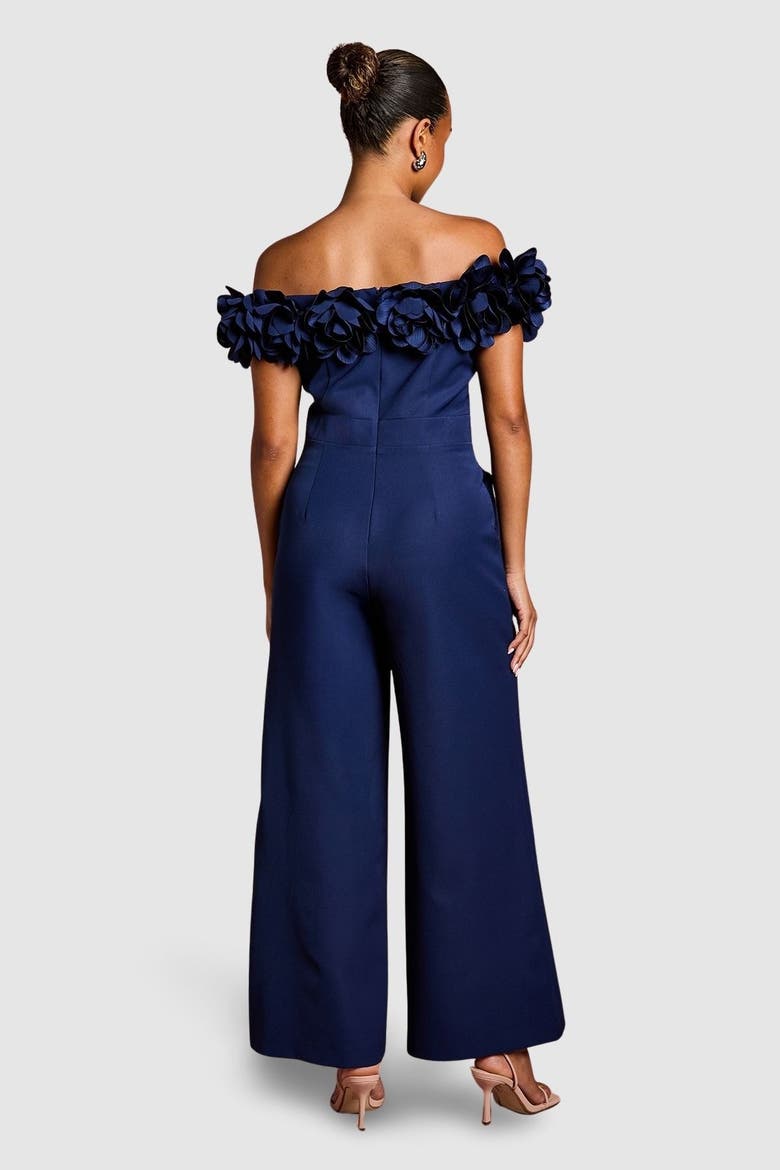 Petite 3D Flower Bardot Jumpsuit, Alternate, color, Navy