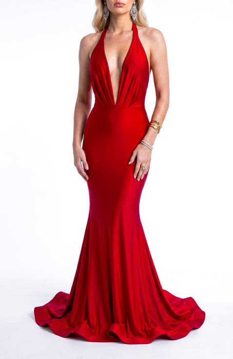 Plunging Halter Open-Back Mermaid Gown With Train