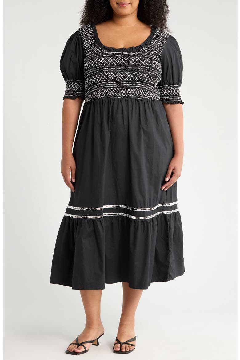Carlene Smocked Midi Dress, Main, color, BLACK