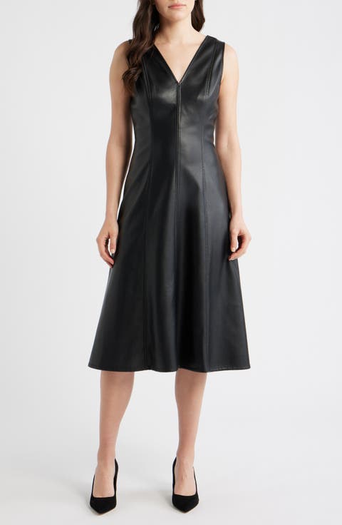 V-Neck Faux Leather Fit & Flare Midi Dress