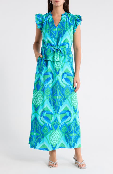 Blissy Tropical Ruffle Midi Dress