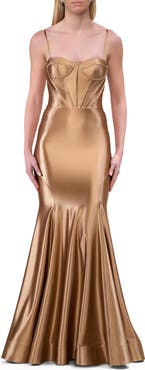 La Femme Chic Stretch Satin Gown with Corset Top and Flare Skirt