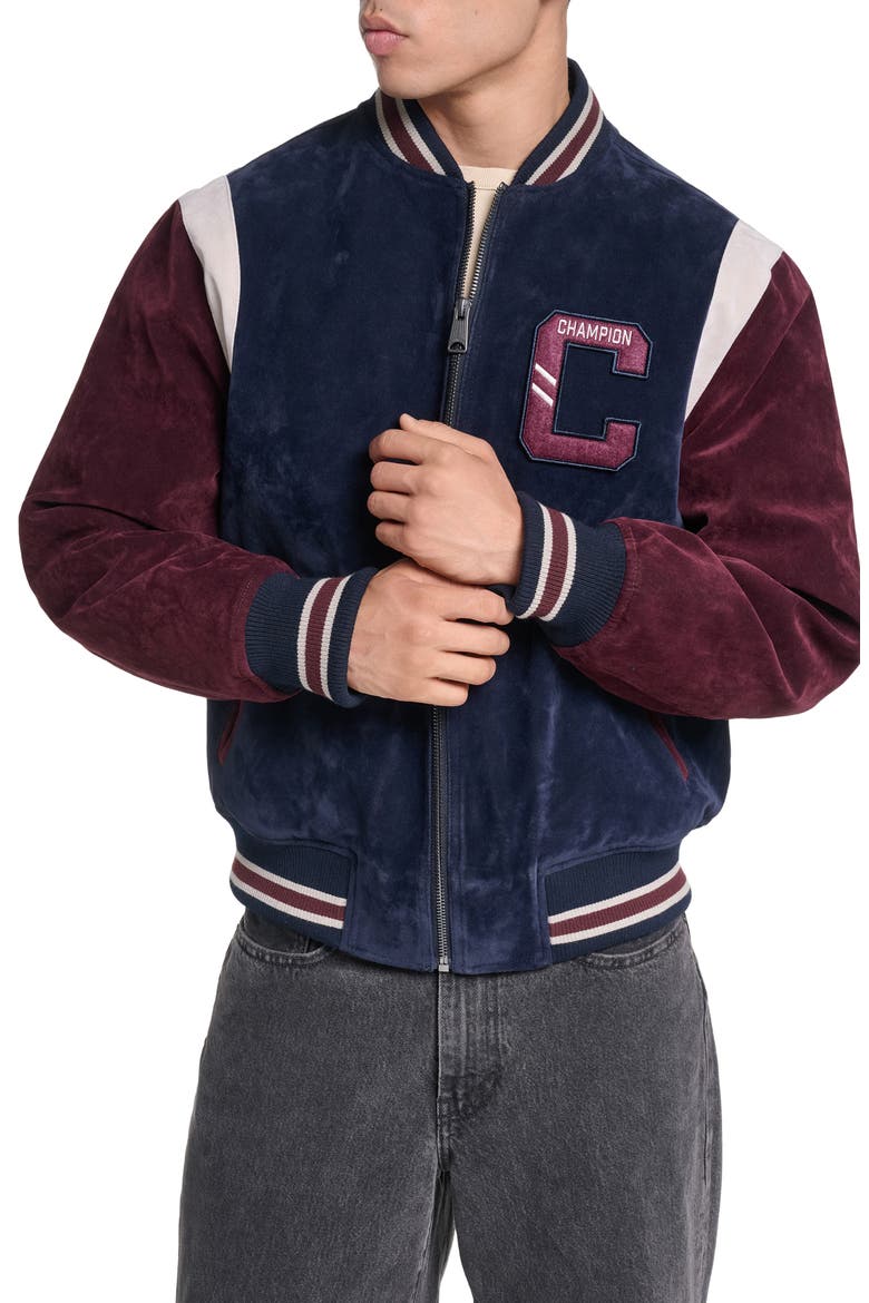 Faux Suede Varsity Bomber Jacket, Main, color, NAVY