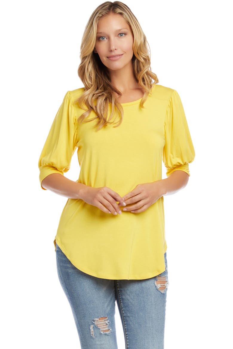 Shirred Sleeve Shirttail Hem Jersey Top, Alternate, color, LEMON