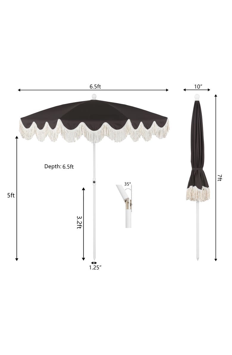 JONATHAN Y Mariner 6.5 ft. Classic Cottage Fringe Tassel Market Beach Umbrella with Push Button Tilt, Alternate, color, Black - White Pole