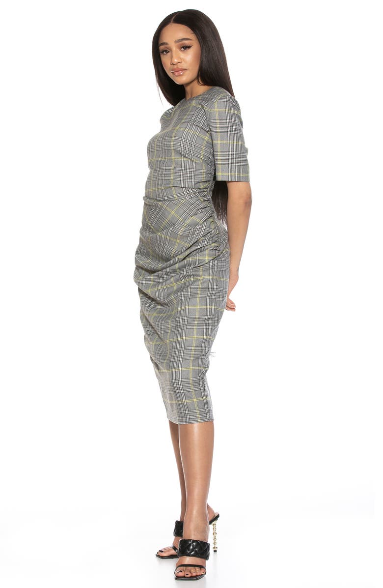 Alexia Admor Olive Plaid Elbow Length Sleeve Ruche Side Dress, Alternate, color, 