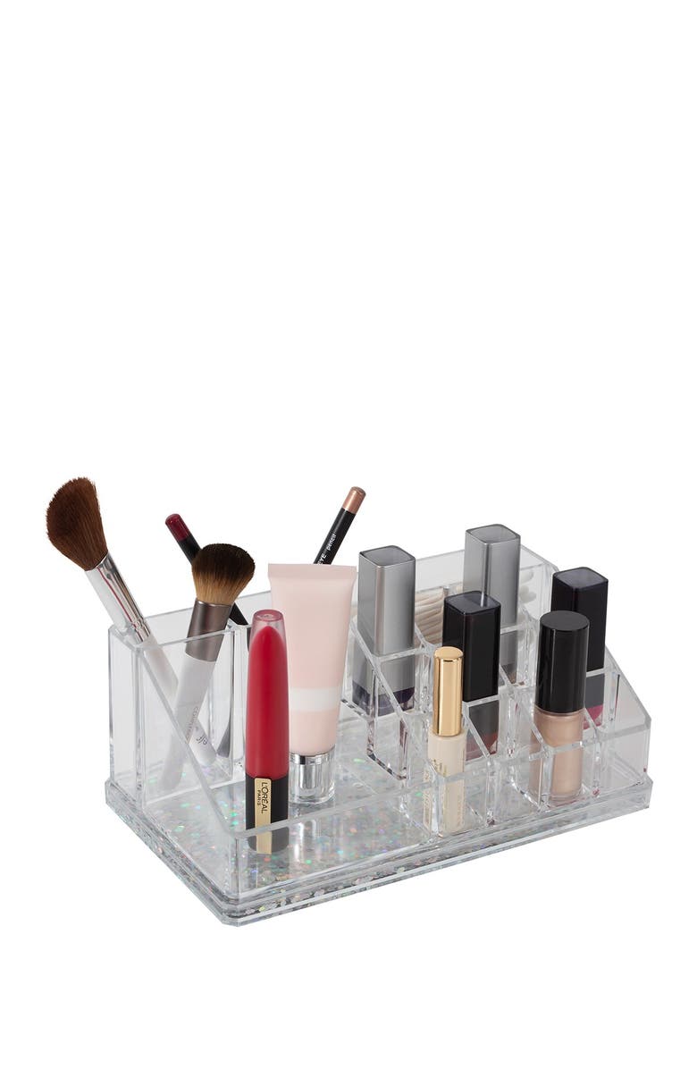 KENNEDY INTERNATIONAL Simplify Silver 16 Compartment Floating Glitter Bottom Cosmetic Organizer, Main, color, 