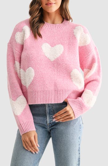 Lush Heart Crewneck Sweater In Pink