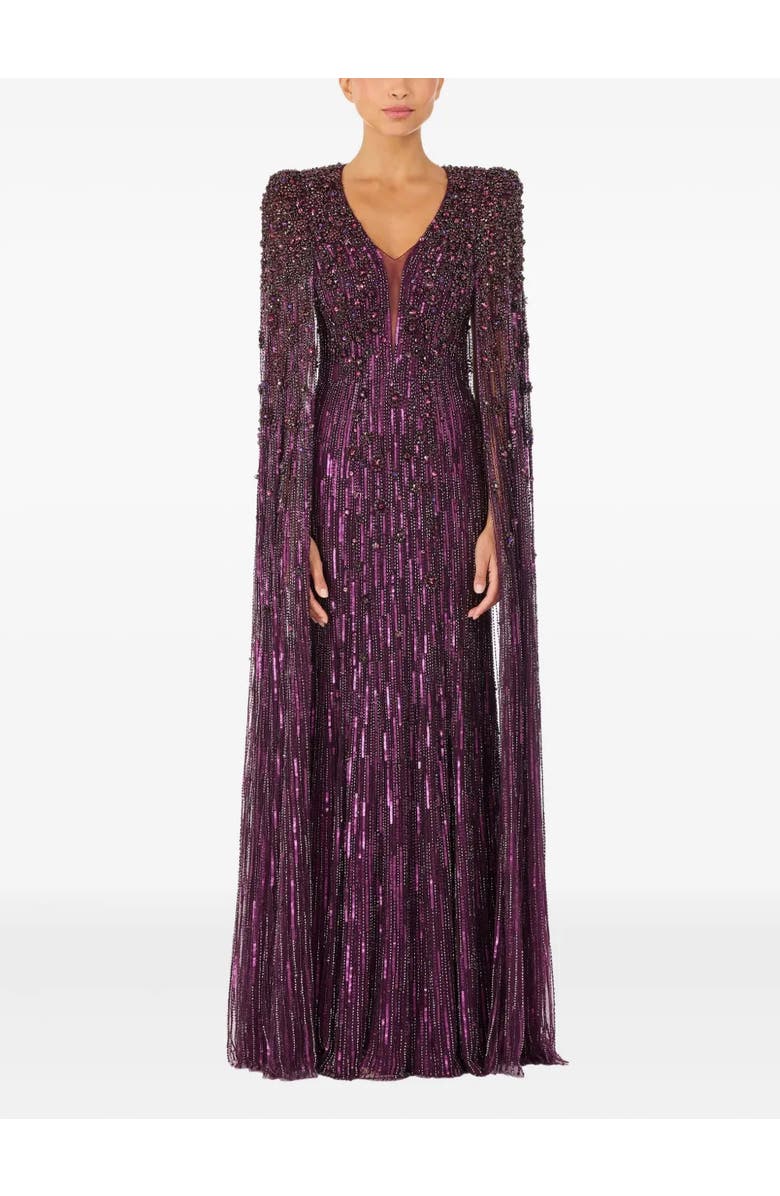 Jenny Packham Sweet Silva Beaded Cape Maxi Dress, Alternate, color, Purple Muscadine