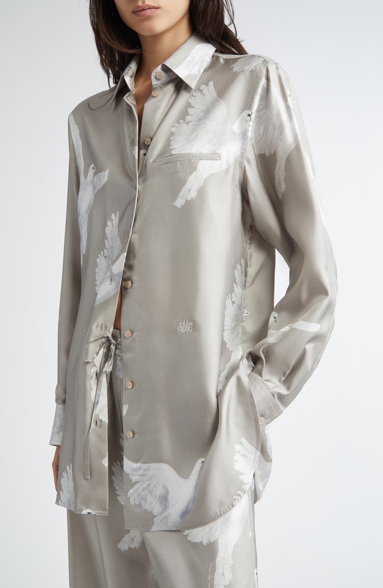 Stella McCartney Birds Print Relaxed Silk Button-Up Shirt, Alternate, color, Mud