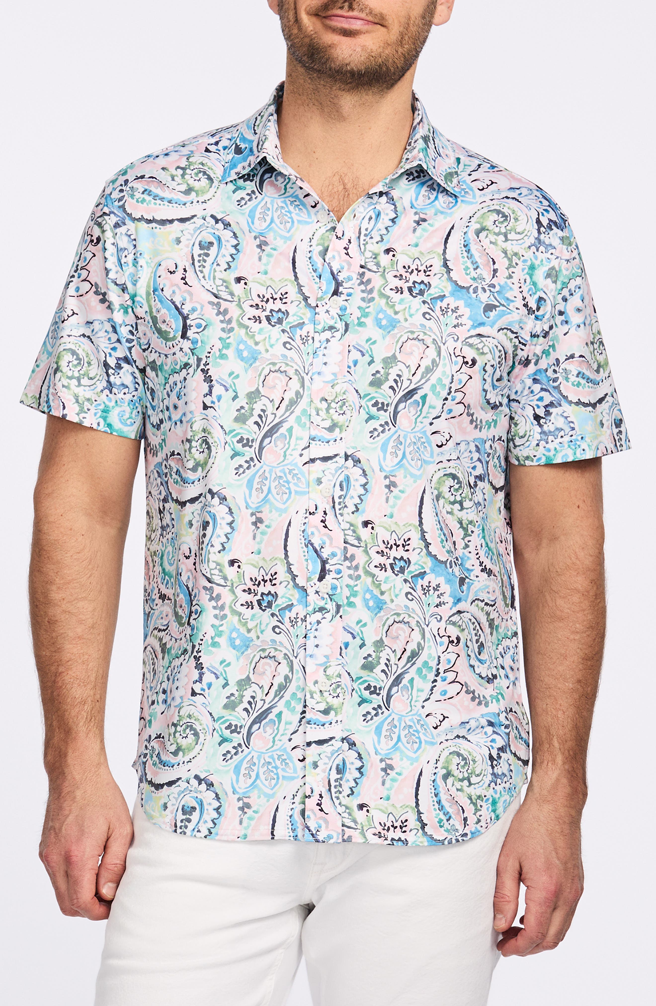 Robert Graham Floral Print Short Sleeve Cotton Button-Up Shirt