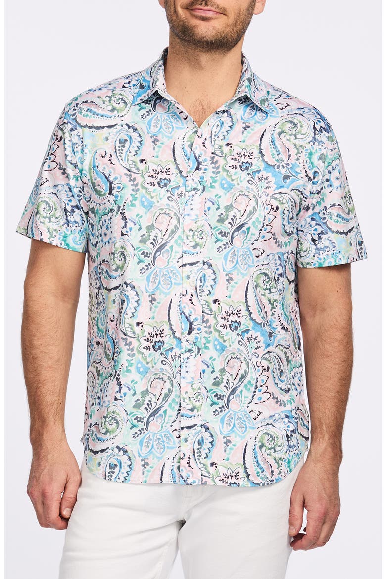 Floral Print Short Sleeve Cotton Button-Up Shirt, Main, color, BLUE MULTI