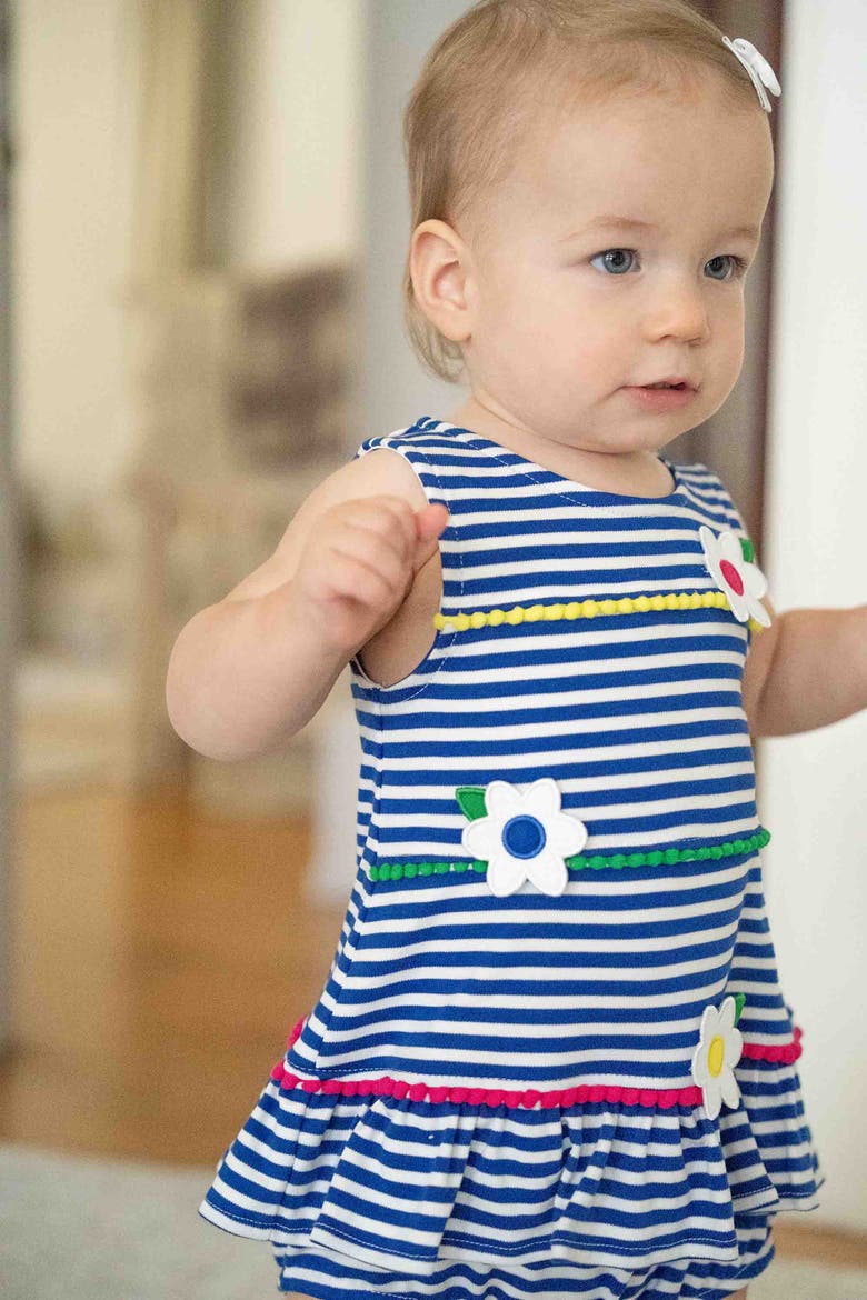 Stripe Knit Romper With Pom Poms & Flowers, Alternate, color, Royal/White