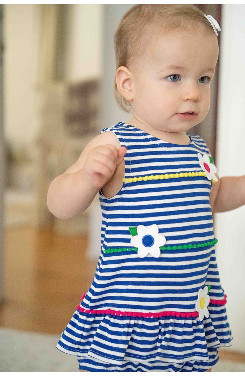 Florence Eiseman Stripe Knit Romper With Pom Poms & Flowers, Alternate, color, Royal/White